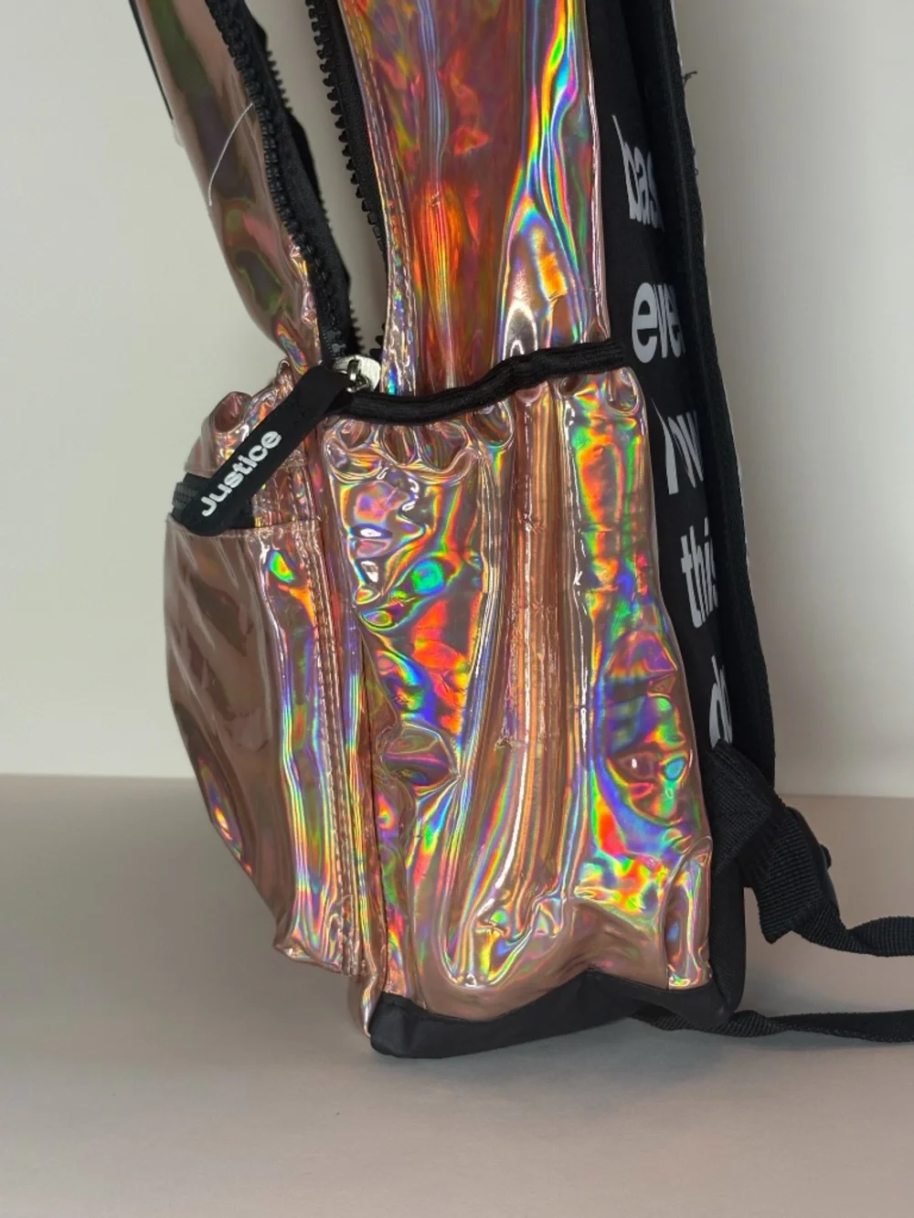 Justice Girls Holographic Iridescent Backpack Rose Gold Pom Pom NWT